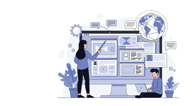 Group of developers working on a large computer screen displaying website wireframes and global network connectivity symbols for IT projects.