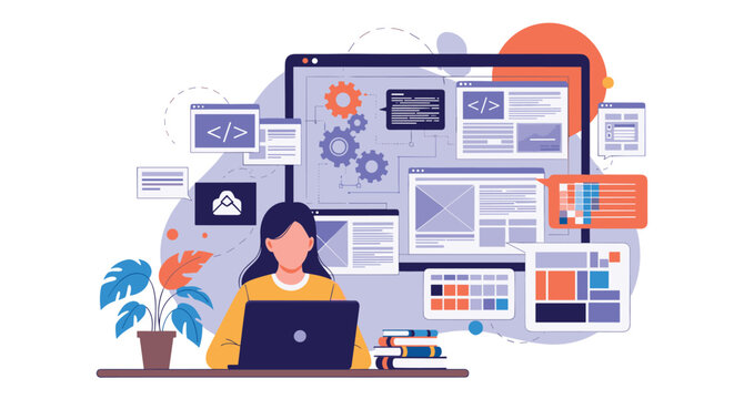 Creative woman working on web design and user interface development with multiple application windows floating around her laptop desk.