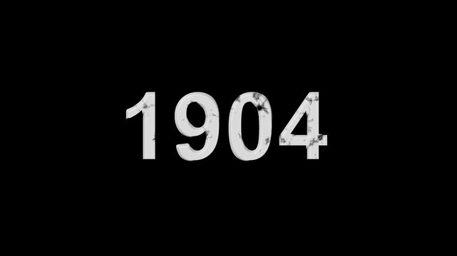 Vintage 1904 number animation on black background. Old film style historical year loop. White 1904 number text on black background. Minimal countdown or year concept animation.