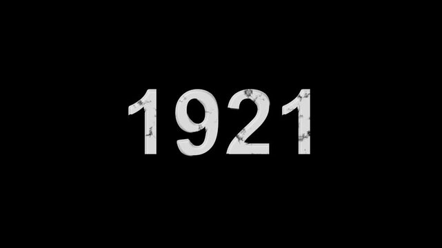 Vintage 1921 number animation on black background. Old film style historical year loop. White 1921 number text on black background. Minimal countdown or year concept animation.