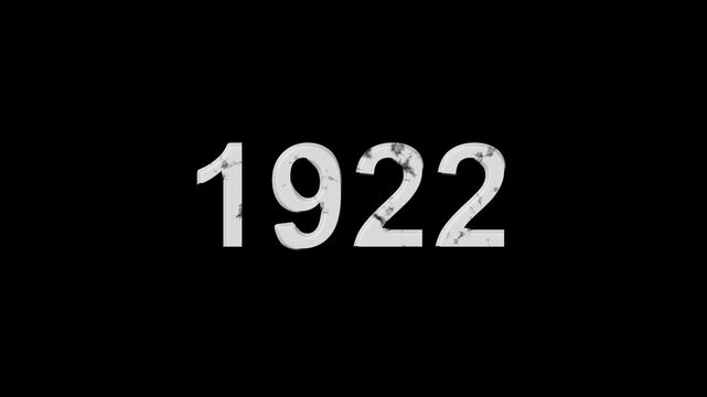 Vintage 1922 number animation on black background. Old film style historical year loop. White 1922 number text on black background. Minimal countdown or year concept animation.