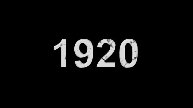 Vintage 1920 number animation on black background. Old film style historical year loop. White 1920 number text on black background. Minimal countdown or year concept animation.