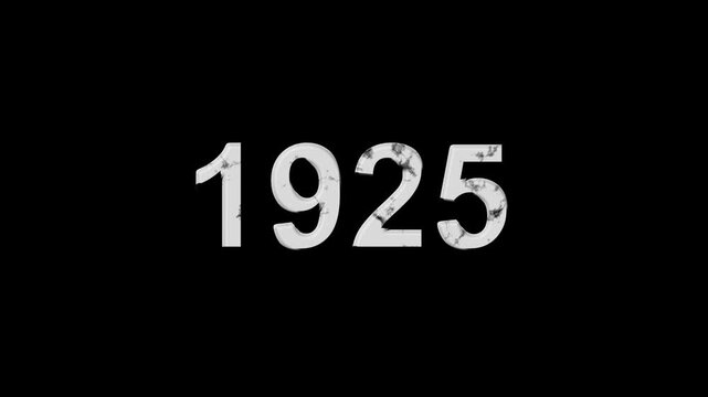 Vintage 1925 number animation on black background. Old film style historical year loop. White 1925 number text on black background. Minimal countdown or year concept animation.