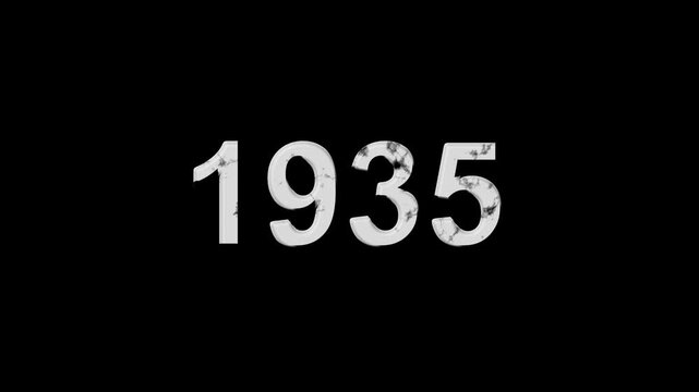 Vintage 1935 number animation on black background. Old film style historical year loop. White 1935 number text on black background. Minimal countdown or year concept animation.