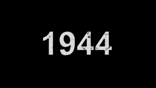 Vintage 1944 number animation on black background. Old film style historical year loop. White 1944 number text on black background. Minimal countdown or year concept animation.