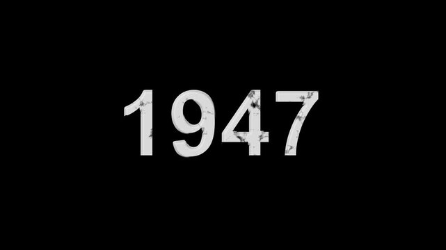 Vintage 1947 number animation on black background. Old film style historical year loop. White 1947 number text on black background. Minimal countdown or year concept animation.