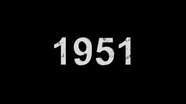 Vintage 1951 number animation on black background. Old film style historical year loop. White 1951 number text on black background. Minimal countdown or year concept animation.