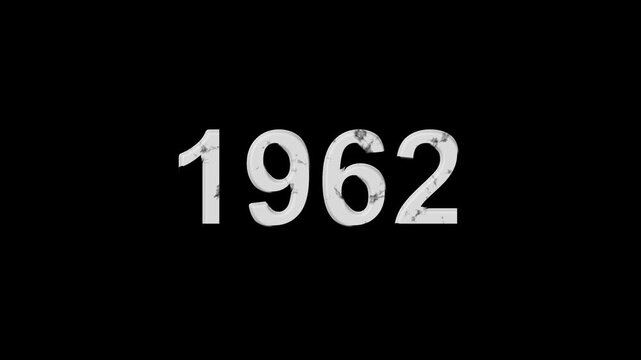 Vintage 1962 number animation on black background. Old film style historical year loop. White 1962 number text on black background. Minimal countdown or year concept animation.