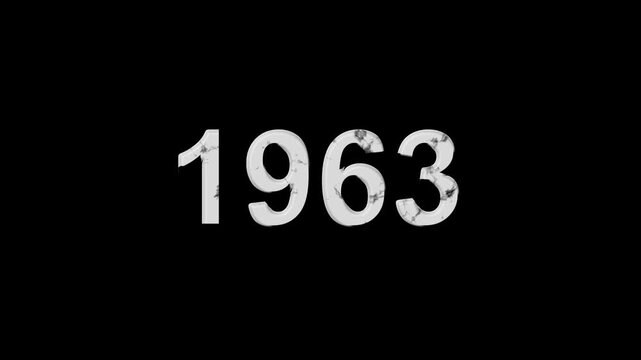 Vintage 1963 number animation on black background. Old film style historical year loop. White 1963 number text on black background. Minimal countdown or year concept animation.