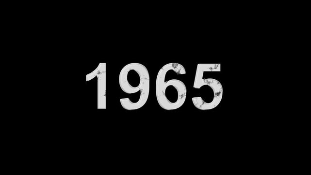 Vintage 1965 number animation on black background. Old film style historical year loop. White 1965 number text on black background. Minimal countdown or year concept animation.