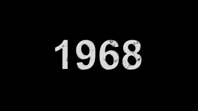 Vintage 1968 number animation on black background. Old film style historical year loop. White 1968 number text on black background. Minimal countdown or year concept animation.