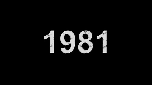 Vintage 1981 number animation on black background. Old film style historical year loop. White 1981 number text on black background. Minimal countdown or year concept animation.
