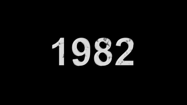 Vintage 1982 number animation on black background. Old film style historical year loop. White 1982 number text on black background. Minimal countdown or year concept animation.