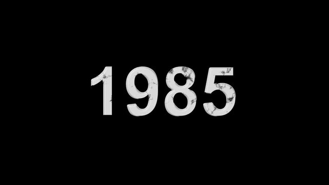 Vintage 1985 number animation on black background. Old film style historical year loop. White 1985 number text on black background. Minimal countdown or year concept animation.