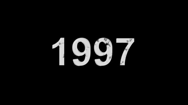 Vintage 1997 number animation on black background. Old film style historical year loop. White 1997 number text on black background. Minimal countdown or year concept animation.