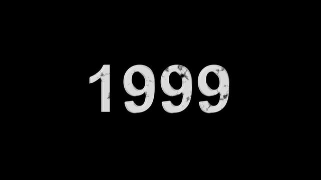 Vintage 1999 number animation on black background. Old film style historical year loop. White 1999 number text on black background. Minimal countdown or year concept animation.
