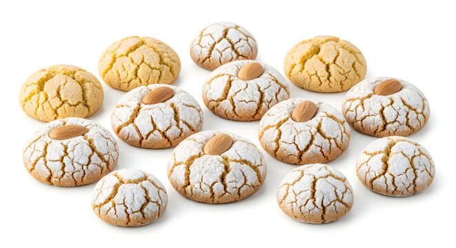 Pile of delicious amaretti cookies with cracked tops and almonds, isolated on transparent background