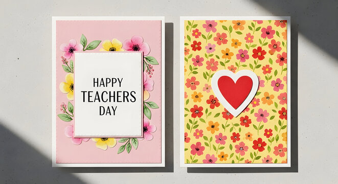 Happy teachers day card with floral design and heart