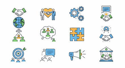 Fototapeta premium Business Partnership Icons - Collaboration, Agreement, and Global Cooperation.