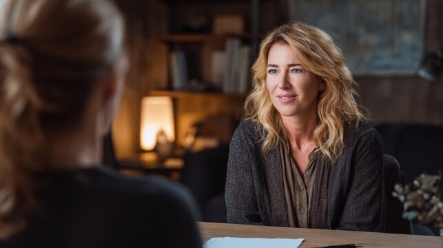 Female Divorce Attorney Offers Support to Stressed Woman Client in Warm Consultation Room During Legal Discussion About Family Matters