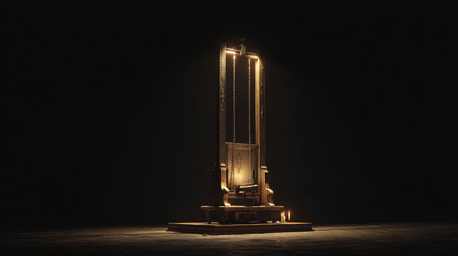 An old guillotine illuminated in the dark