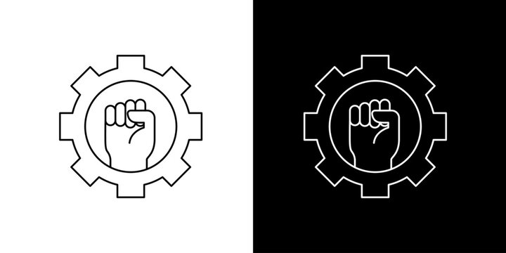 Single icon of industrial revolution concept with a gear and a fist symbolizing power and progress
