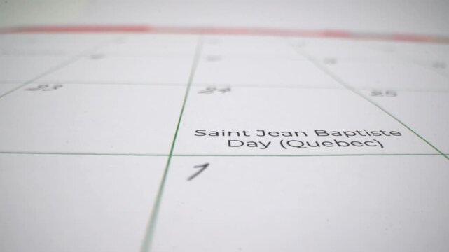 Close up of calendar showing Saint Jean Baptiste Day Quebec.