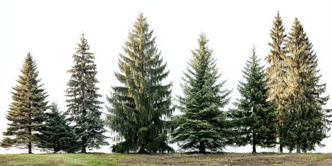 Fototapeta premium Pine tree row isolated on white background; Evergreen coniferous forest trees, natural elements for digital design