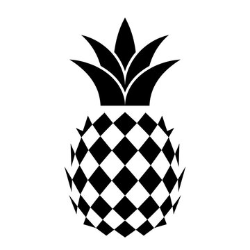Black geometric pineapple icon with diamond pattern and pointed crown leaves, abstract modern tropical fruit symbol for healthy eating and summer vibes, artistic vector.