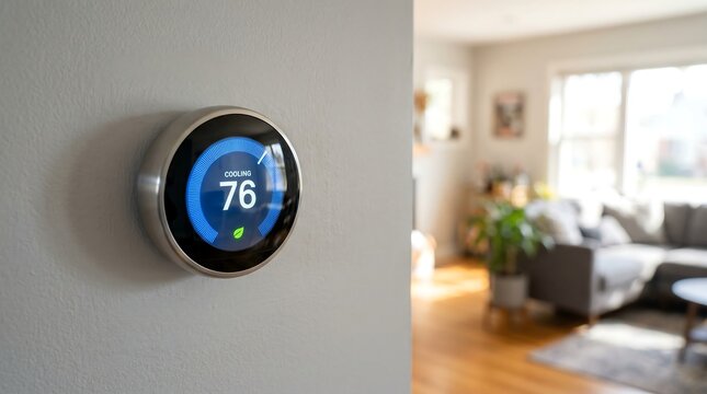 Smart thermostat displaying cooling mode set to 76 degrees Fahrenheit on a light gray wall in a modern home interior with soft natural light streaming in.