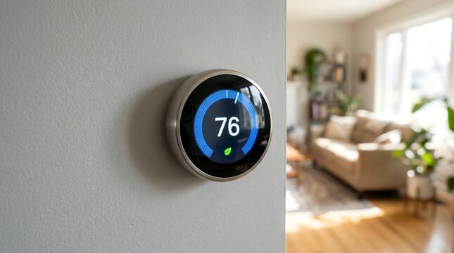 Modern smart thermostat mounted on wall showing temperature 76 degrees with leaf icon indicating energy saving, interior view of living room with sofa and window.