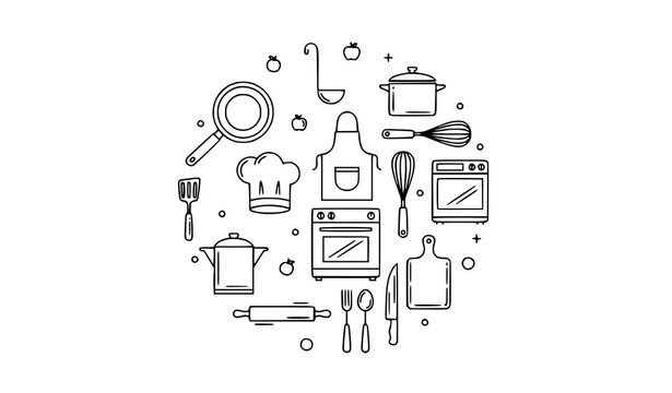 Kitchen cooking outline icon collection with cookware utensils chef hat apron baking tools vector line icons isolated