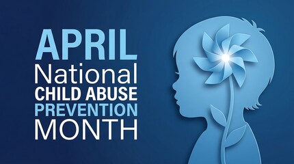 Child abuse prevention month national awareness banner for april featuring paper cut silhouette of kid profile with glowing blue pinwheel and decorative plant stems for community.