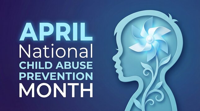 April national child abuse prevention month banner with paper cut silhouette of boy and blue pinwheel flower on dark background for social awareness campaign and community support.