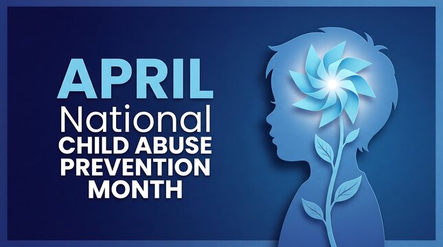 Awareness month for national child abuse prevention observed in april with blue pinwheel icon and paper cut boy profile for non profit organizations and social media campaigns today.