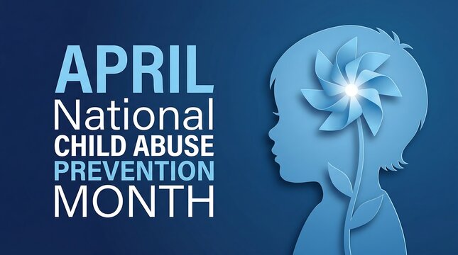 Child abuse prevention month national awareness banner for april featuring paper cut silhouette of kid profile with glowing blue pinwheel and decorative plant stems for community.