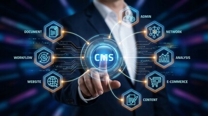 Fototapeta premium Business professional touching screen displaying CMS diagram with interconnected icons representing admin network analysis e-commerce content workflow document website.