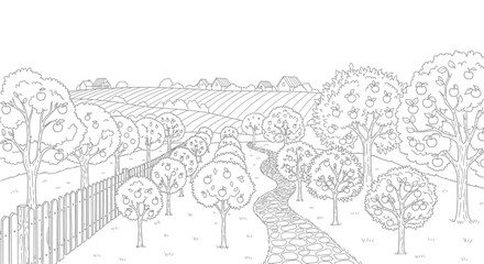 Obraz premium Coloring Page Featuring a Peaceful Apple Orchard with Stone Path