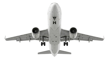 Fototapeta premium Airplane flying overhead, bottom view, isolated on white background, travel concept