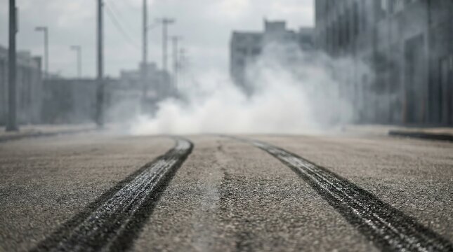 Tire burnout smoke on urban city street background with skid marks on asphalt road after illegal street racing event during daylight hours in abandoned industrial district landscape.