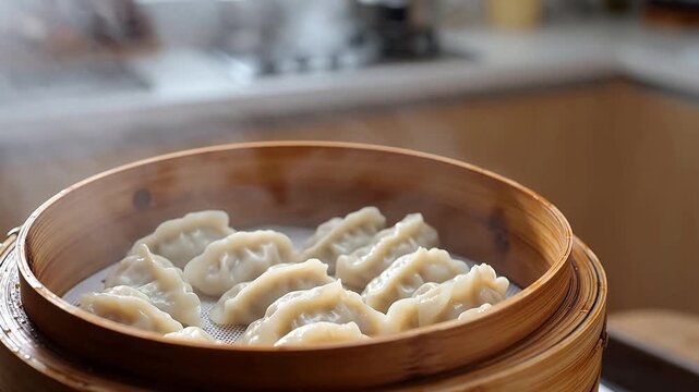 Steaming dumplings in bamboo steamer