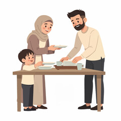 Fototapeta premium A Muslim family setting the table for a meal together