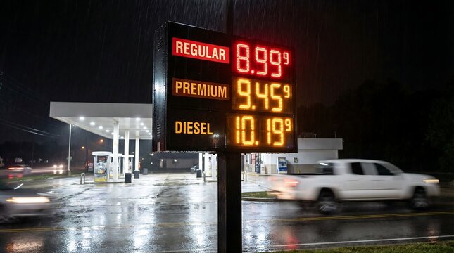 Digital gas station price sign displaying fuel costs for regular premium and diesel in USD with illuminated numbers at night during rainfall.