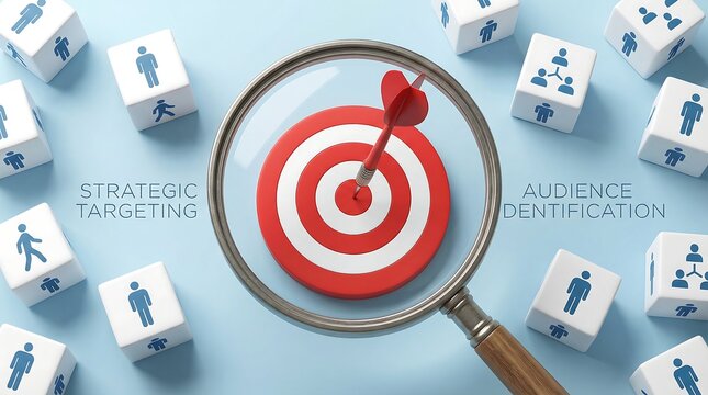 Strategic targeting and audience identification represented by dart hitting bullseye on target and cubes with people icons for business marketing concept.