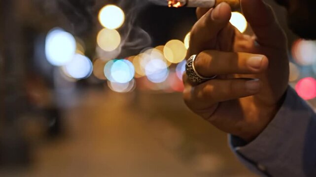 Cinematic macro shot of a man's fingers clutching a burning tobacco cigarette with rising wisps of smoke, highlighting the unhealthy habit of nicotine addiction and lifestyle choice.