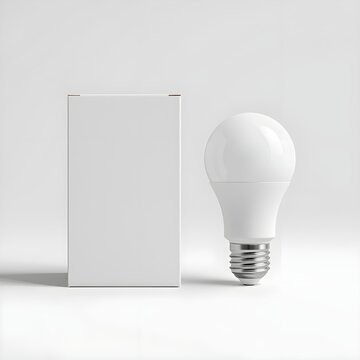 Blank White Retail Packaging Box With LED Light Bulb Isolated On Clean Background For Modern Product Branding Concept