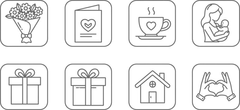 Eight rounded square icons with line art illustrations of love and family themes