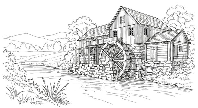 Vintage Water Mill by a River Sketch