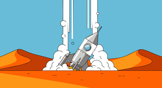 a silver rocket launching from a red desert landscape with sand dunes symbolizing space exploration and new beginnings