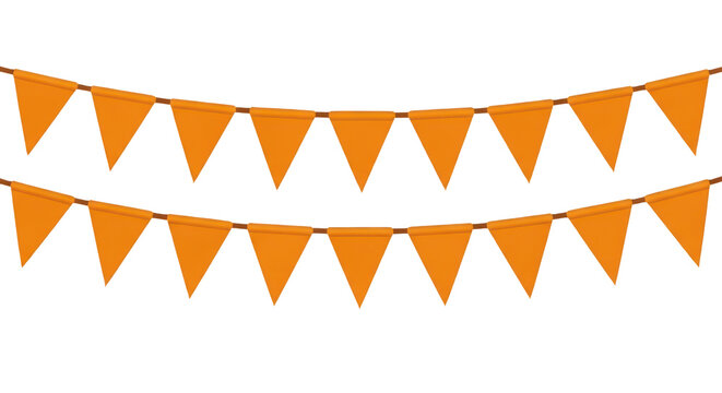 Orange triangular bunting flags hanging on a rope isolated on transparent background
